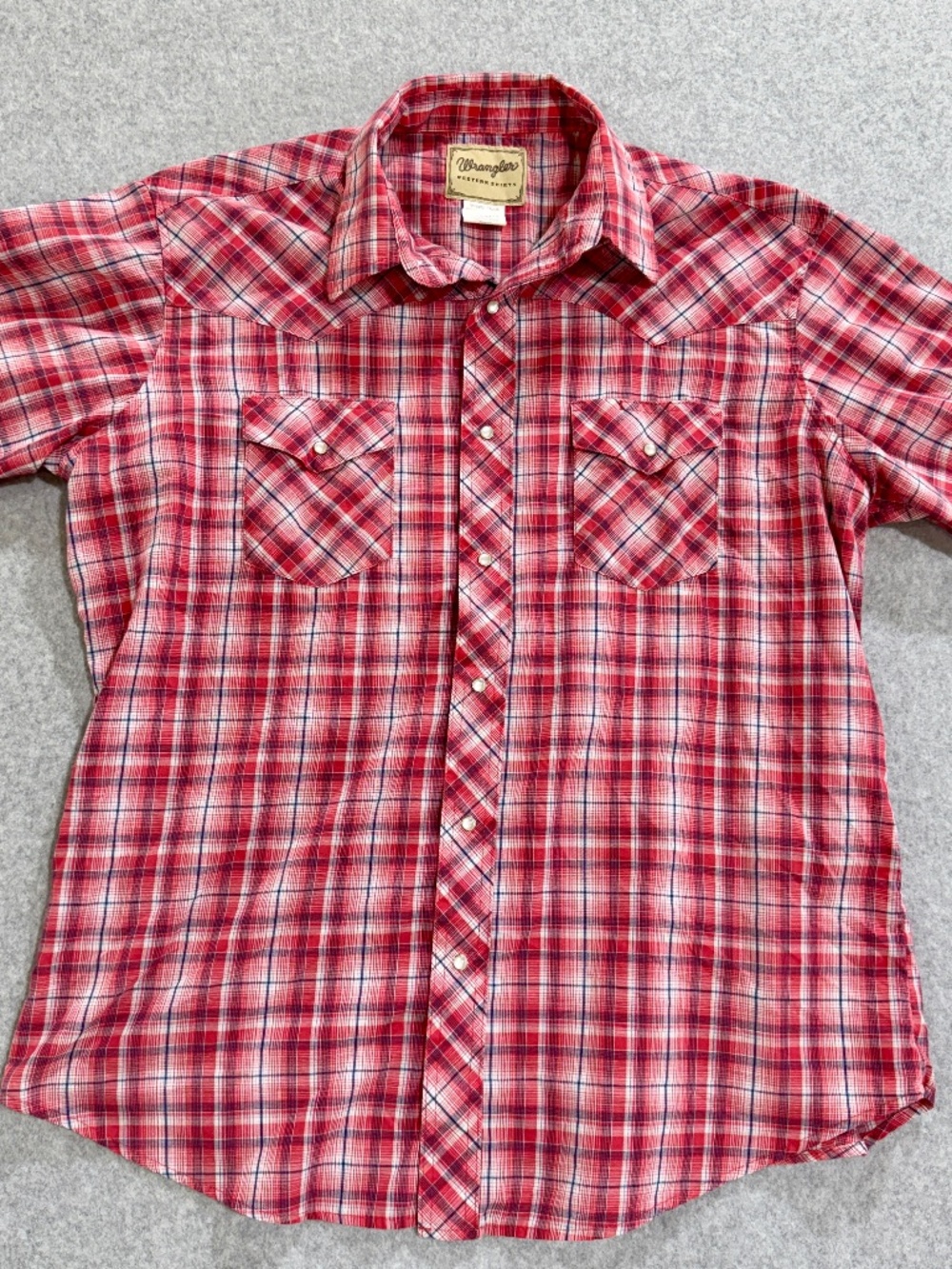 Wrangler Mens XL Pearl Snap Shirt Short Sleeve Red Blue White Plaid Western